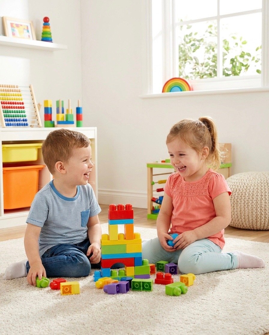 Two children playing together with building blocks
