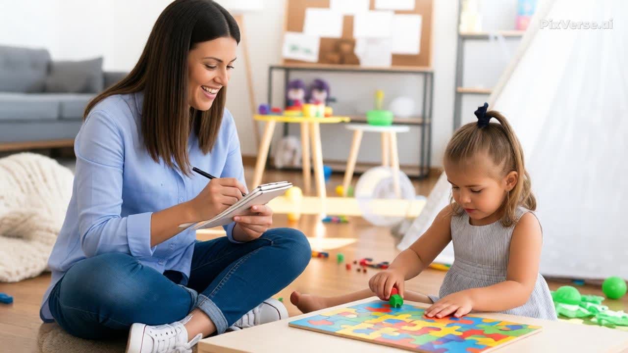 Therapist tracking progress while a child completes a puzzle