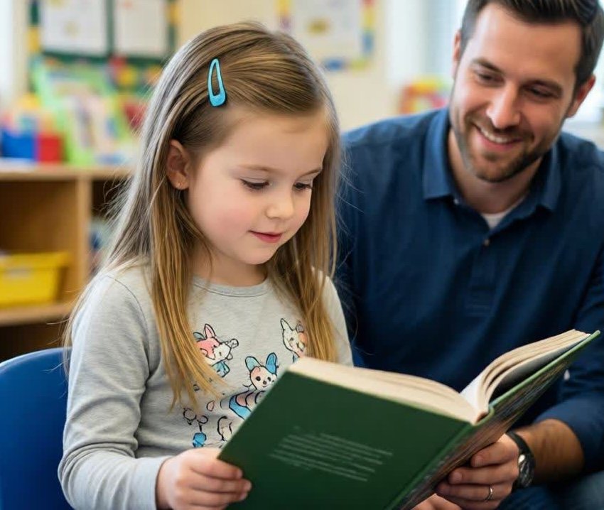 A father reading with his daughter