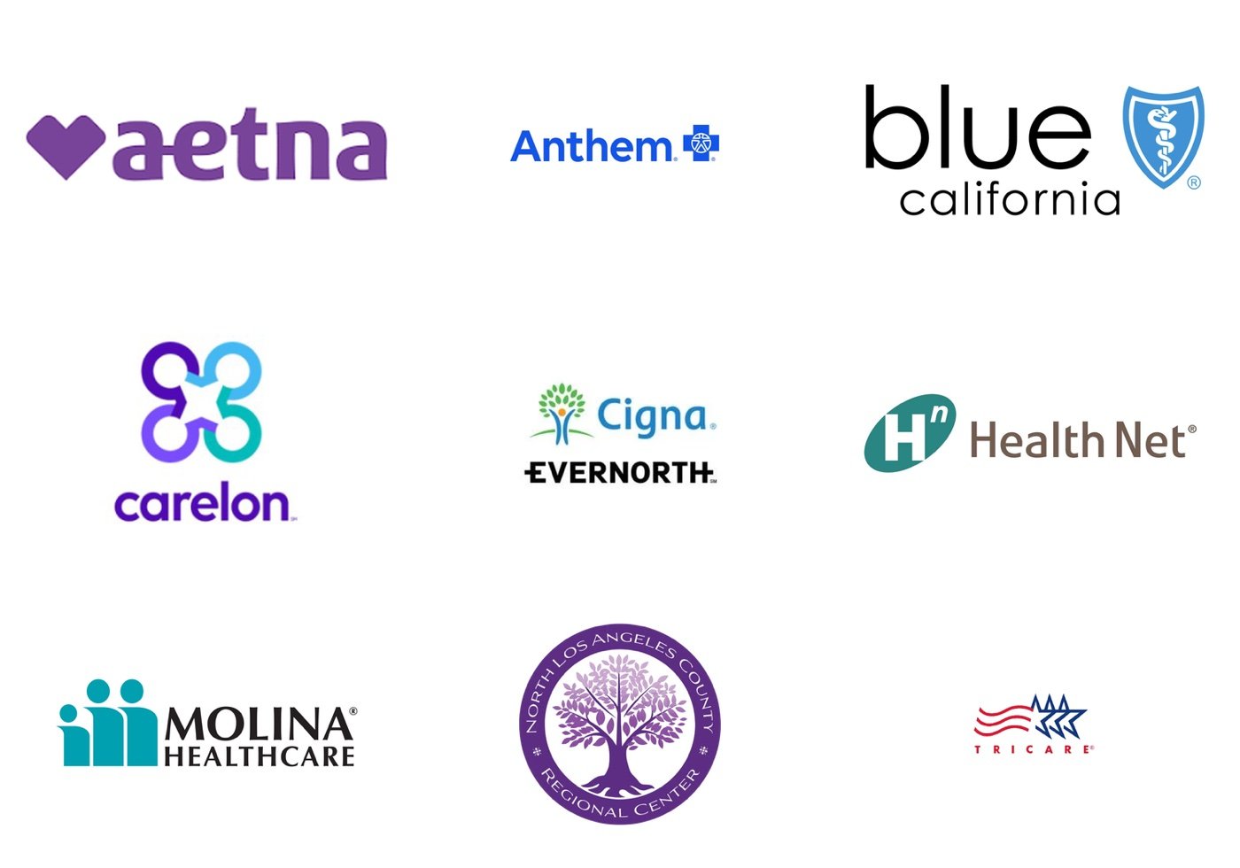 Logos of accepted insurance providers: Aetna, Anthem, BlueShield of CA, Carelon, Cigna/Evernorth, Health Net, Molina Healthcare, North Los Angeles County Regional Center, and TriCare